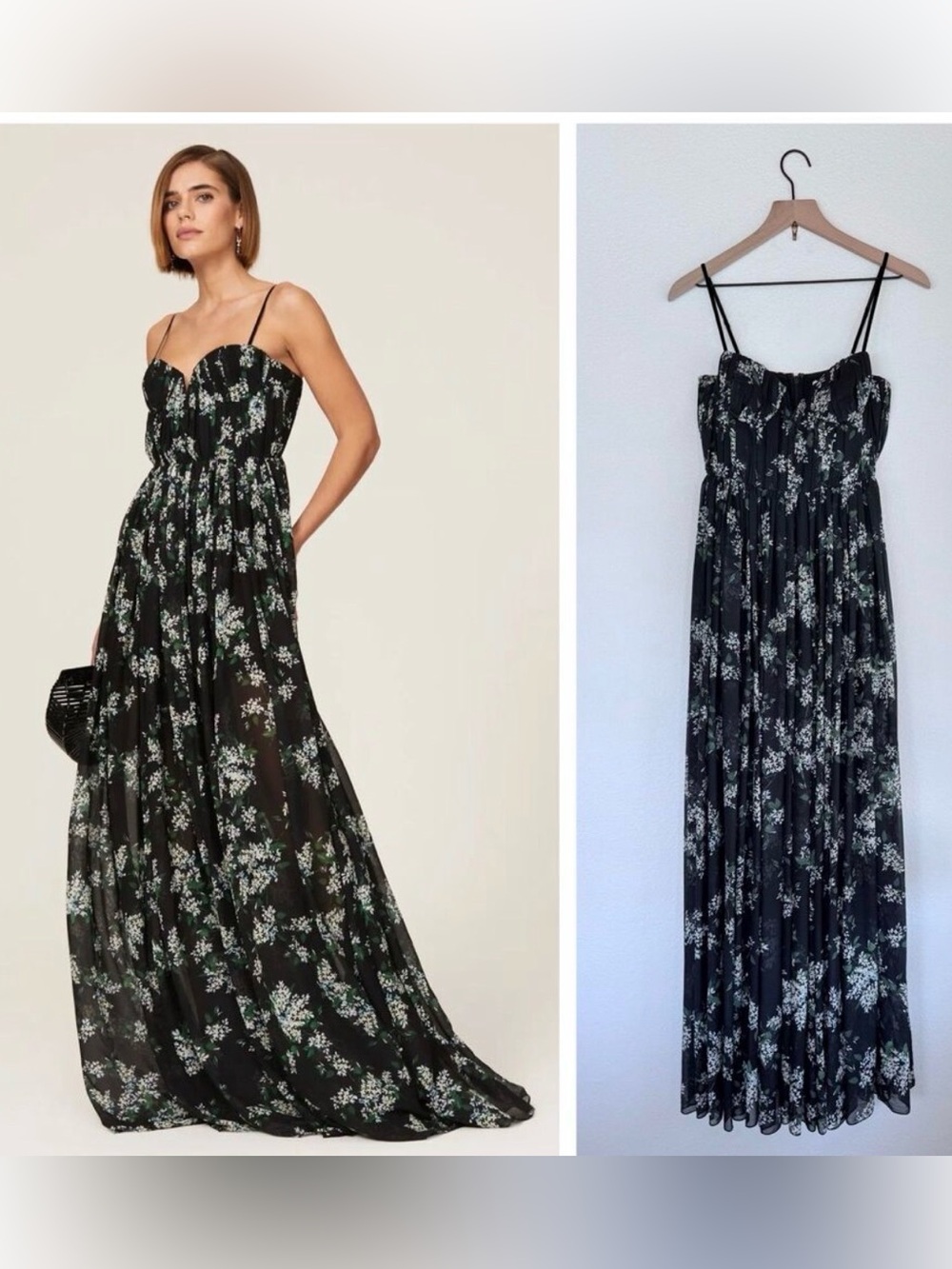 EUC Sau Lee Georgina Floral Chiffon Bustier Top Maxi Dress in Black Size 4